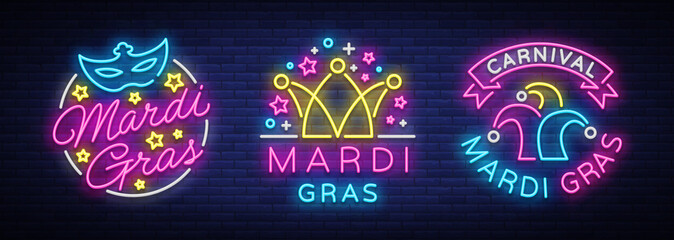 Mardi Gras set of design template for greeting cards, flyers. Fat Tuesday is collection of festive illustrations in neon style, neon sign, festive symbol, luminous banner, neon billboard. Vector © Ivan