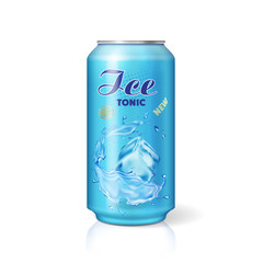 Soft drink ice tonic metallic can with ice cube isolated illustration