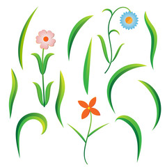 A set of grass, leaves and flowers with stems