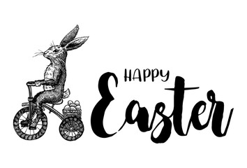 Hand drawn bunny riding tricycle with Easter eggs, vector