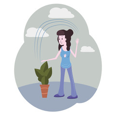 Girl watering flowers with magic, flat, cartoon style, vector, illustration, isolated