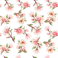 Watercolor magnolia floral vector pattern