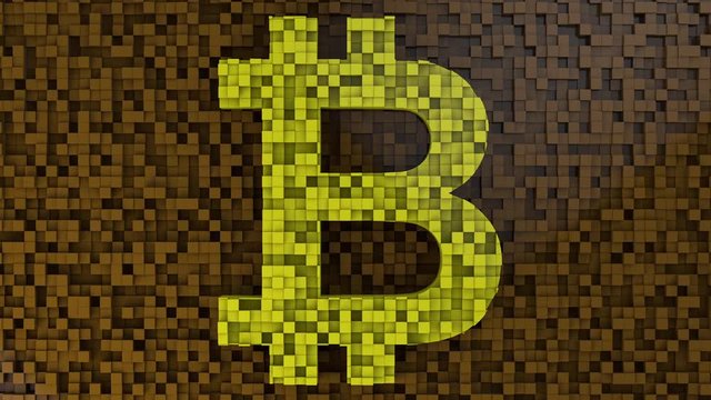 Bitcoin Crypto Currency Block Chains Revealing and Forming the Bitcoin Logo Made of Blocks 3D Animation