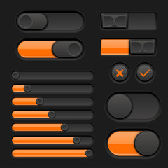 Set of black and orange interface buttons, sliders