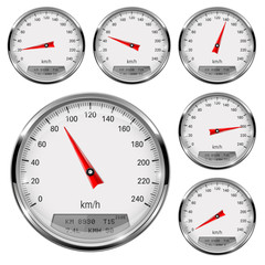 Naklejka premium Speedometers. Round speed gage with metal frame