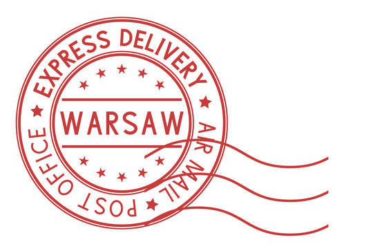Round red postmark Warsaw, Poland. Express delivery sign