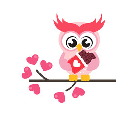 cartoon cute owl lovely with chocolate on the branch