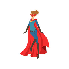 Superhero woman character in blue costume with red cape cartoon vector Illustration