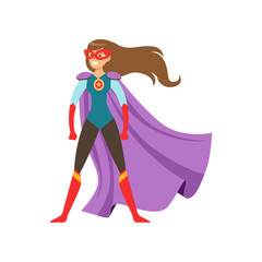Young woman character dressed as a super hero standing in the traditional heroic pose cartoon vector Illustration