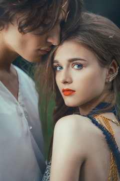 Young couple of elves in love outdoor