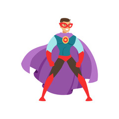 Smiling man character dressed as a super hero standing in the traditional heroic pose cartoon vector Illustration