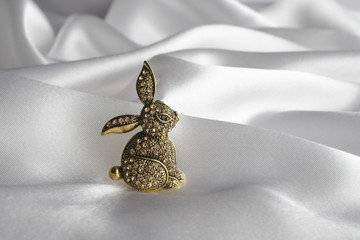 gold brooch bunny with diamonds on silk