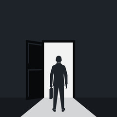 Businessman silhouette walking to opened door. Standing before the opening. Vector illustration flat design. Pictogram male Isolated on background. Business concept. Creative people.