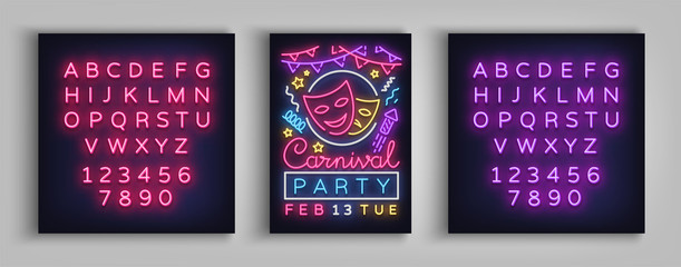 Carnival party poster in neon style. Neon sign, design template, brochure, night light poster. Bright neon advertising for carnival, masquerade, party. Vector illustration. Editing text neon sign