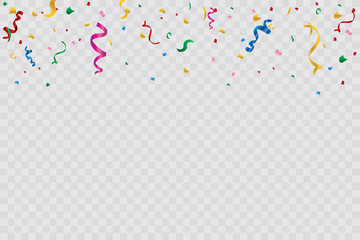 Colorful bright confetti isolated on transparent background. Festive vector illustration
