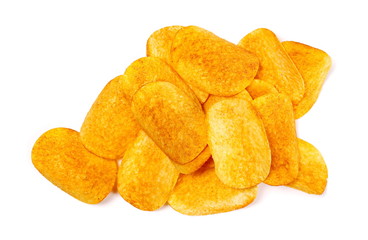Barbecue flavored potato chips isolated on white background, top view