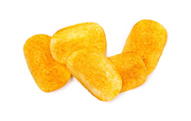 Barbecue flavored potato chips isolated on white background, top view