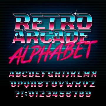 Retro arcade alphabet font. Metallic effect shiny oblique letters and numbers. Vector typeface for your design.