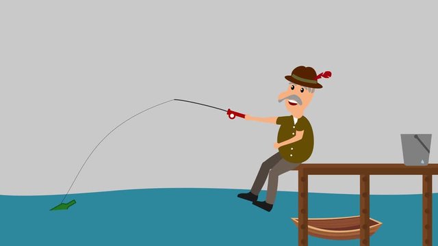 a man fishing a bottle - animation