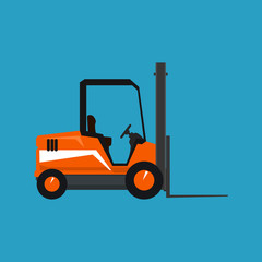 Orange Forklift Truck Isolated on a Blue Background, Vector Illustration