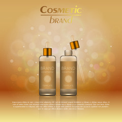 Vector 3D cosmetic illustration on a soft light blurred background with bokeh. Beauty realistic cosmetic product design template.