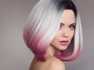 Wall murals Hairdressers Ombre bob short hairstyle. Beautiful hair coloring woman. Fashion Trendy haircut. Blond model with short shiny hairstyle. Concept Coloring Hair. Beauty Salon.