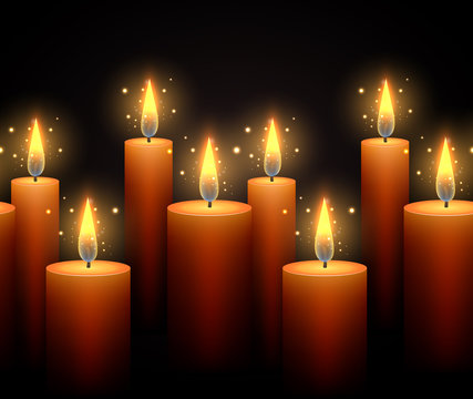 Seamless border with luminous candles on a dark background. Vector border for your creativity