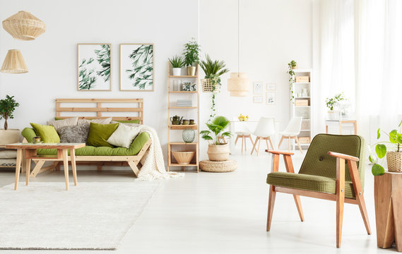Green armchair in living room