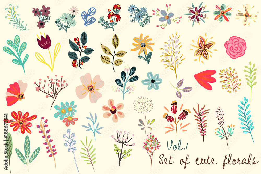 Aufkleber collection of vector cute florals in rustic simple style. great for fabric designs