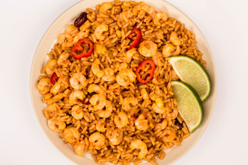 Spicy Mexican Rice With Fried Shrimps or Prawns And Lime