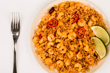 Spicy Mexican Rice With Fried Shrimps or Prawns And Lime