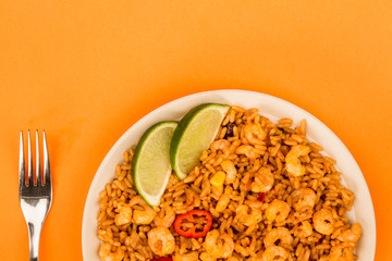 Spicy Mexican Rice With Fried Shrimps or Prawns And Lime