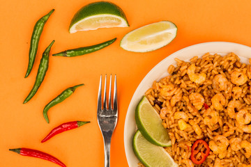 Spicy Mexican Rice With Fried Shrimps or Prawns And Lime