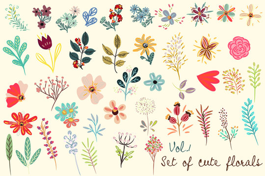 Naklejki Collection of vector cute florals in rustic simple style. Great for fabric designs