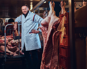 Fototapeta na wymiar A butcher in a meat factory.