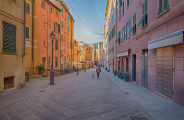 Obraz premium CAMOGLI, ITALY, JANUARY 13, 2018 - View of city of Camogli , Genoa (Genova) Province, Liguria, Mediterranean coast, Italy
