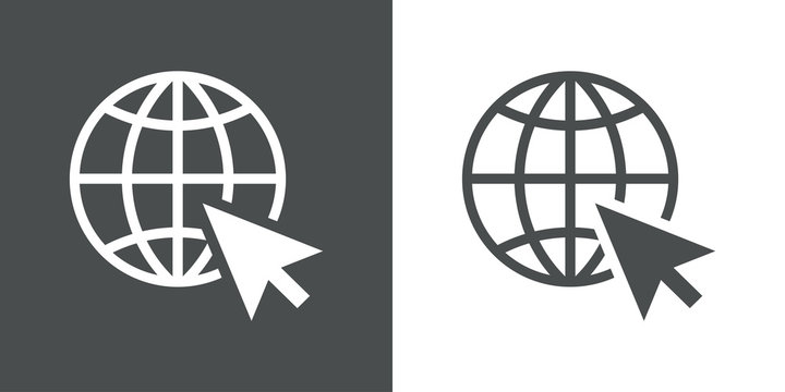 Icono plano mundo con puntero rat&oacute;n en gris y blanco