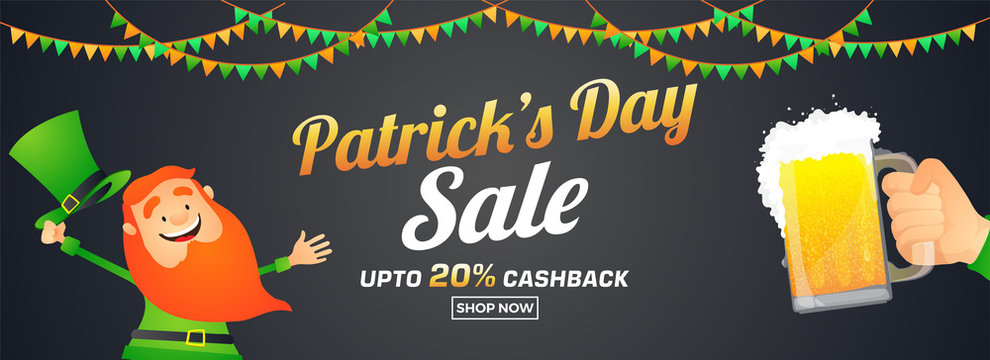 St. Patrick's Day sale banner with happy leprechaun, and beer mug, cheers symbol.
