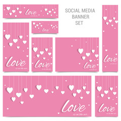 Social Media Post or Banners with hanging white paper hearts on pink background.