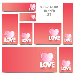 Social Media Post or Banners with glossy pink hearts on pink background, Love or Valentines Day Concept.