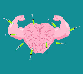 Doping for Brain. Strong Mind and steroids. Syringe with anabolic. Bodybuilder Memory. Vector illustration