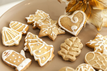 gingerbread cookies on a plate with Christmas motifs