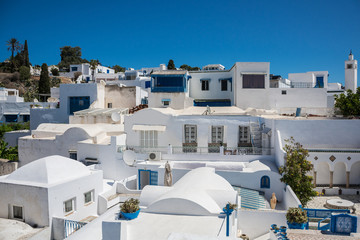 Fototapeta na wymiar Panorama of the white city. View from above on houses and streets. Tunisia. Sidi Bou Said.