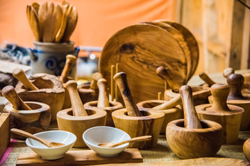Hand made dishes made of olive wood. Germany