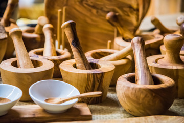 Hand made dishes made of olive wood. Germany