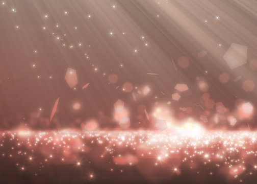 Many glitter light rosegold falling to floor reflection with dot soft light on dark background