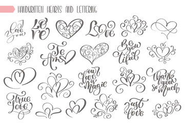 Big set hand written lettering about love to valentines day and heart design poster, greeting card, photo album, banner, flourish calligraphy vector illustration collection
