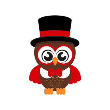 cartoon cute owl in hat and tie