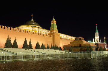Evening view of Moscow Kremlin and the Lenin mausoleum on Red square in Moscow, Russia