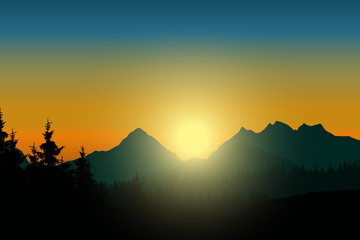 Mountain landscape with forest under the sky with rising sun